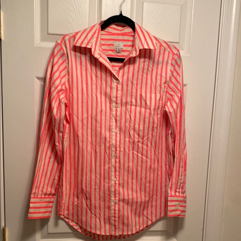 A New Day Pink and White Striped Button Down Oversized Shirt…